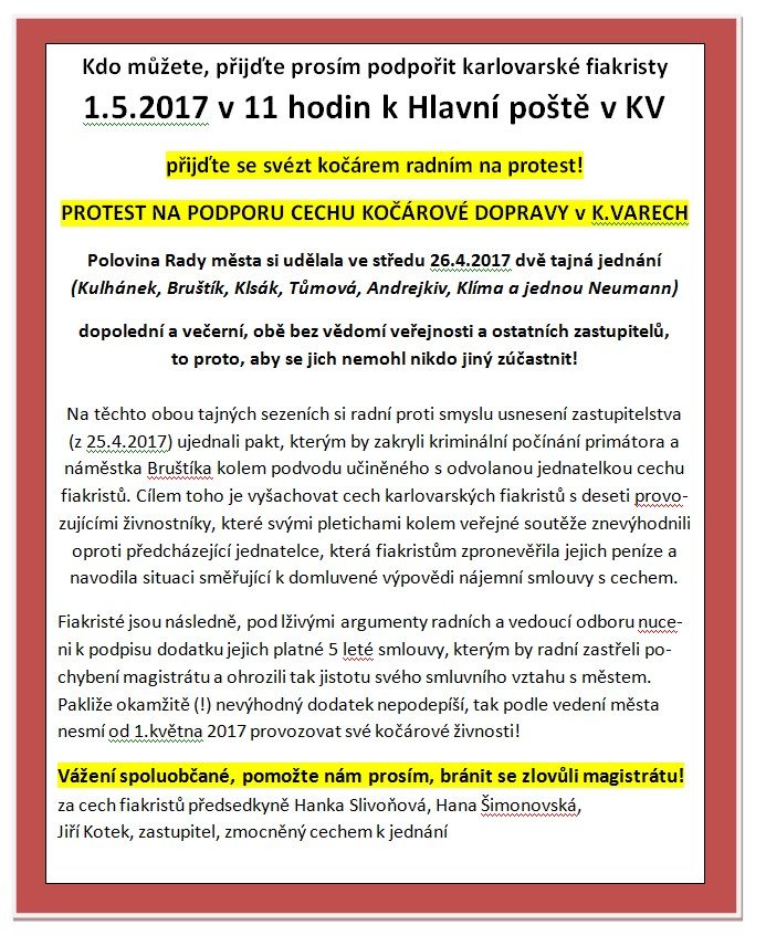 Karlovy Vary: Zítra se koná protest na podporu fiakristů 